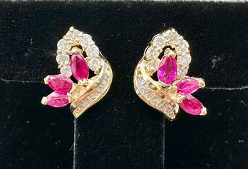 Natural Round&Baguette Diamond Marquis Ruby In 14KT YG Earrings