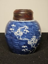 Antique Chinese 18th Century Ice Plum Jar With Wood Lid