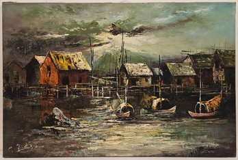 Vintage Impressionist Oil On Canvas 'Gloomy Harbor Scene'
