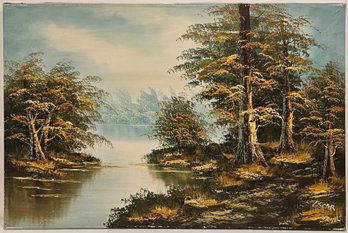 Vintage Impressionist Oil On Canvas 'Forest Landscape With Lake'
