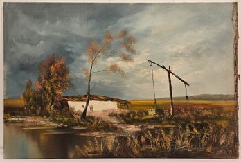 Vintage Impressionist Oil On Canvas 'Gloomy House By Lake'