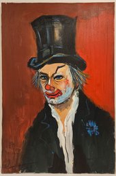 Vintage Impressionist Oil On Canvas 'Portrait Of Clown In Top Hat'