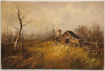 Vintage Impressionist Oil On Canvas 'Cabin In The Fields'