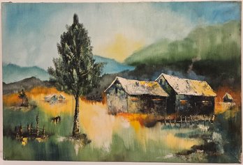 Vintage Impressionist Oil On Canvas 'Vibrant Landscape With House'