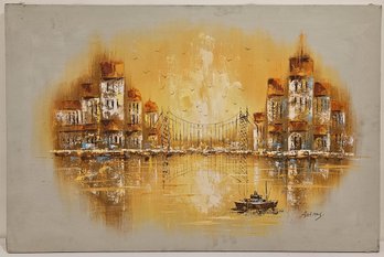 Vintage Impressionist Oil On Canvas 'Cityscape Harbor Scene'