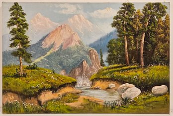 Vintage Impressionist Oil On Canvas 'Landscape With Mountains And River'
