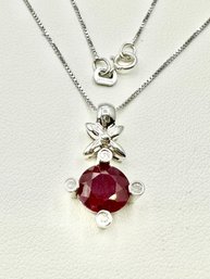 14KT WG Natural Diamond And Ruby Pendant With 18' Chain