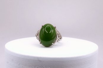 Natural Green Hetian Nephrite Ring In Silver Resizable