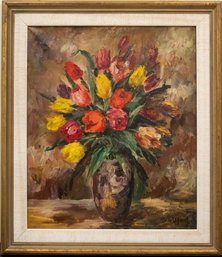 Vintage Post Impressionist Original Oil On Canvas 'Flowers In Vase' Signed Sadji