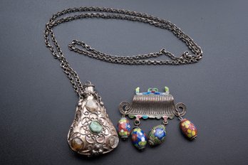 Sterling Silver Cloisonne Brooch And Necklace