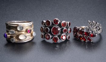 Set Of 3 Sterling Silver Garnets And Moonstone Rings