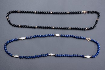 Set Of Two Lapis/pearls And Onyx/14k Gold Beads Necklace