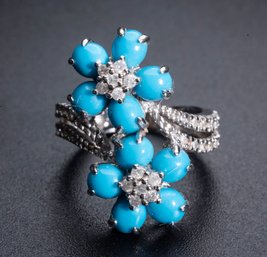 Sleeping Beauty Turquoise And Diamonds 14k White Gold Ring Size 5