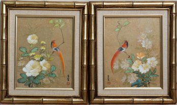 A Pair Of Oriental Print   'Birds And FLowrs'