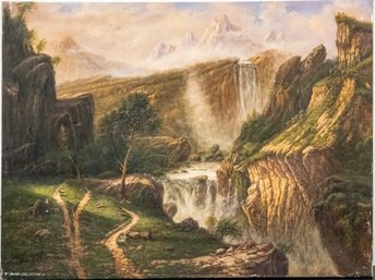Large Traditional Original Oil 'Mountain With Waterfall'