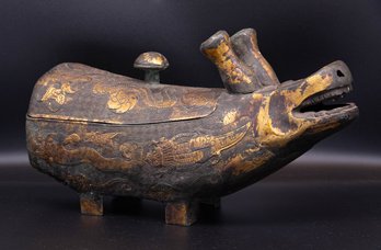 Antique Chinese Gilt Bronze Dragon Wine Drinking Vessel