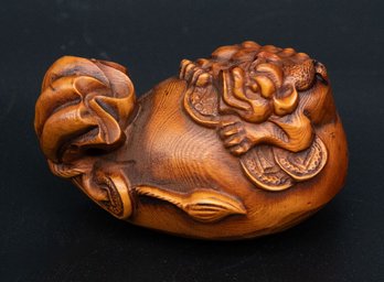 Old Wood Carved Small Lucky Charm Pixiu Beast On Coin Bag