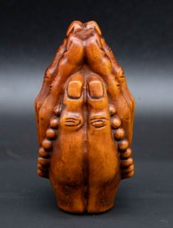Old Wood Carved Praying Buddha Hands Figure Charm