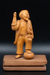 Old Wood Carved Laughing Old Man Sculpture