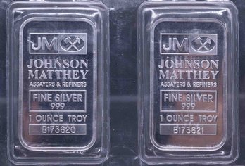 Lot Of 2 Johnson Matthey Consecutive Serial 1 Oz Silver Bar