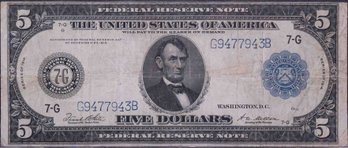 1914 Five Dollar Blue Seal Chicago IL Large Note Federal Reserve Note