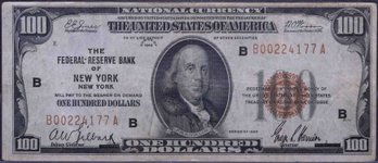 1929 One Hundred Dollars National Currency Federal Reserve Bank Of New York