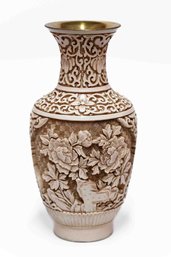 Vintage Chinese Ivory Dynasty Brass Cinnabar Carved Vase