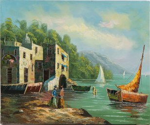 Vintage Decor Oil On Canvas 'Harbor Scene'