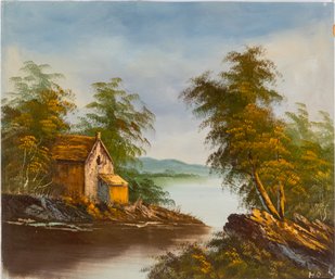 Vintage Decor Oil On Canvas 'House Near River'