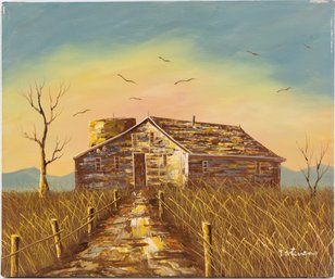 Vintage Scenic Oil On Canvas 'House With Field'