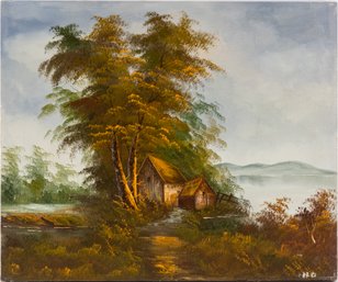 Vintage Scenic Oil On Canvas 'House WIth Tree'