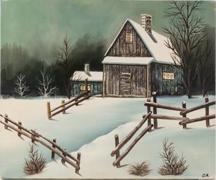 Vintage Scenic Oil On Canvas 'House With Snow'