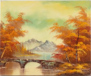 Vintage Scenic Oil On Canvas 'Autumn Bridge'
