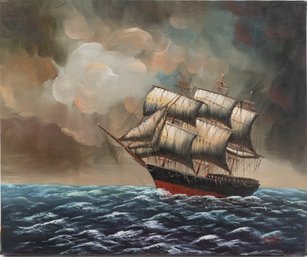 Vintage Seascape Oil On Canvas 'Mast Ship'