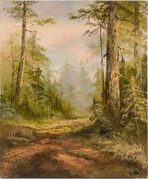 Vintage Scenic Oil On Canvas 'Forest Path'