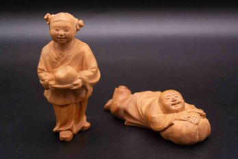 Vintage Chinese Wood Carved Figure Of Two Children