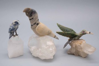Lot Of 3 Crystal Stone Bird Figures