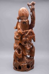 Chinese Vintage Wood Sculpture Shou Lao God Of Longevity