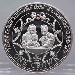 2014 TDC One Crown Prince George 1st Birthday 1 Oz Silver Coin With Swarovski Ruby
