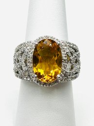 14KT White Gold Natural Diamond & Oval Citrine Ring Size 7 - J11027