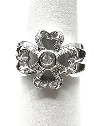 14K White Gold With Natural Diamond Four Heart Clover Ring Size 6.25 - J11045