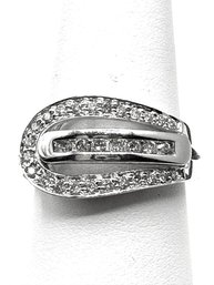 14K White Gold With Natural Diamond Buckle Ring Size 7.5 - J11048