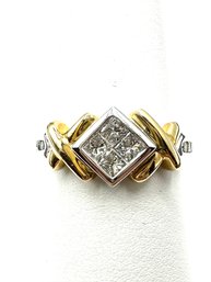 14K Gold Two Tone With Natural Princess Cut Diamond Ring Size 7.25 - J11050