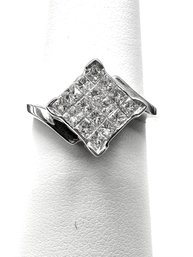 18K White Gold With Natural Diamond Princess Cut Ring Size 7 - J11062