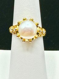 14K Yellow Gold Natural Diamond And Pearl Ring Size 7 -J11075