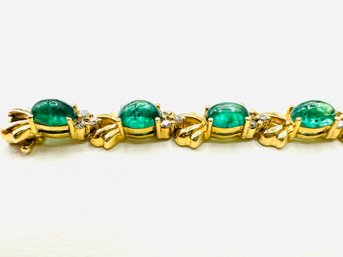 Natural Diamond And Cabochon Emerald In 14KT Yellow Gold Bracelet - J11095