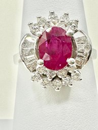 Natural Round & Baguette Diamond And Ruby Ring  In 14KT White Gold Size 6.5 - #11117