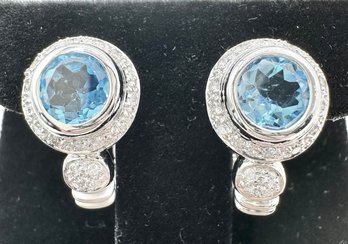 Pair Of Natural Diamond & Blue Topaz Earrings In 14KT White Gold - #11118