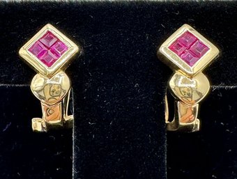 14KT Yellow Gold Wigh Princess Cut Ruby  With Heart Earrings - J11121