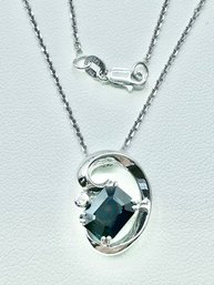 Natural Sapphire & Diamond Pendant With 18' Cable Chain In 14KT White Gold - J11131